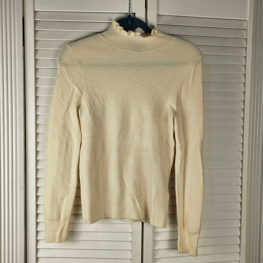 J Crew Womens Cream Rufflenack Merino Wool Blend Sweater Medium